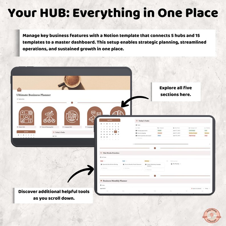 May include: Two tablets displaying a business planner template. The top tablet shows a coffee cup and icons. The bottom tablet shows a calendar and task list. Text reads "Your HUB: Everything in One Place."