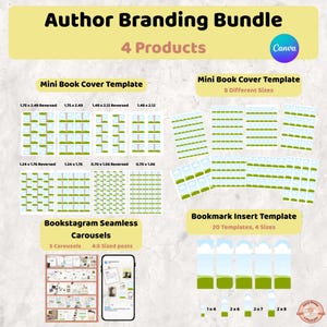 May include: An Author Branding Bundle digital template set featuring four products: Mini Book Cover Templates in various sizes, Bookstagram Seamless Carousels, and Bookmark Insert Templates. Includes Canva branding and specific dimensions in inches.