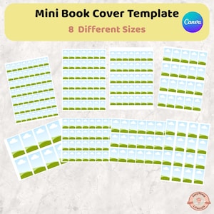 May include: A template for mini book covers with the text "Mini Book Cover Template" and "8 Different Sizes". The design includes multiple small book cover mockups with a landscape and sky design. The Canva logo is visible.