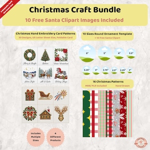 Peut inclure: Un ensemble de loisirs créatifs de Noël comprenant 30 modèles de cartes à broder, 10 gabarits d'ornements ronds de 5,08 cm à 15,24 cm et 16 motifs de Noël. Le lot inclut 10 images clipart gratuites du Père Noël et divers designs festifs.
