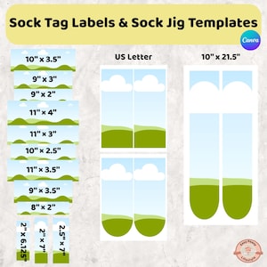 May include: A graphic featuring sock tag labels and sock jig templates. The labels are in various sizes, including 10" x 3.5", 9" x 3", and 9" x 2". The templates include US Letter and 10" x 21.5" designs. The labels have a sky and grass design.