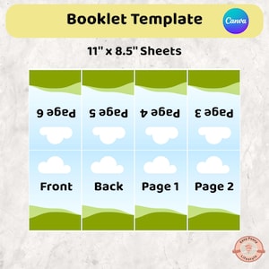 Puede incluir: Una plantilla de folleto con un diseño de cielo azul claro y nubes. La plantilla es para hojas de 27,9 cm x 21,6 cm e incluye páginas etiquetadas como "Front", "Back" y "Page 1" a "Page 6". El logotipo de Canva está en la esquina superior derecha.