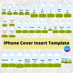 May include: An iPhone cover insert template with various cutouts for different iPhone models. The template includes models from iPhone 5 to iPhone 17 Pro Max. The text "iPhone Cover Insert Template" is displayed in the center.