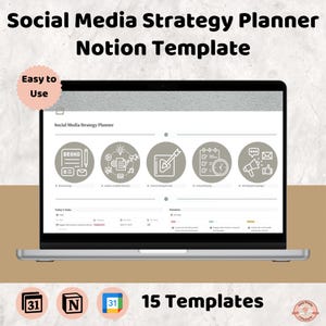 Op de afbeelding: Een laptop toont een Social Media Strategy Planner Notion Template. Het scherm toont een planner met pictogrammen voor merkstrategie, doelgroeponderzoek, content en adverteren. De tekst "Easy to Use" staat in een roze cirkel. De onderkant van het scherm toont "15 Templates".