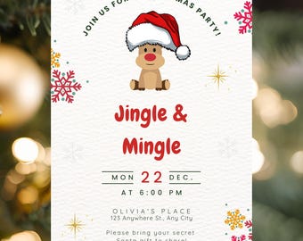 May include: A Christmas party invitation with a reindeer wearing a Santa hat. The invitation reads "Jingle & Mingle" and includes the date, time, and location. Decorated with snowflakes and stars.