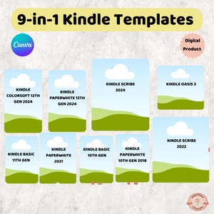 K&ouml;nnte beinhalten: Eine digitale Produktgrafik mit dem Text "9-in-1 Kindle Templates". Das Bild zeigt neun Kindle-Vorlagen, jede mit einem blauen Himmel und einem gr&uuml;nen Landschaftsdesign. Die Vorlagen sind f&uuml;r verschiedene Kindle-Modelle und -Generationen gekennzeichnet, darunter "Kindle Scribe" und "Kindle Oasis 3".