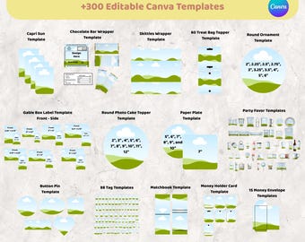 Mega Party Favor Template Bundle 300+, bearbeitbares Canva Birthday Kit, Chip Bag Candy Wrapper Wasserflaschenetikettenset