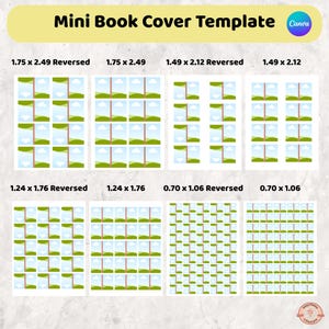 May include: A template for mini book covers with various sizes and orientations. The design features a landscape scene with trees, sky, and clouds. The text "Mini Book Cover Template" is at the top, with the Canva logo. Dimensions are listed in inches.