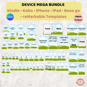 Op de afbeelding: Een digitaal productpakket met sjablonen voor Kindle, Kobo, iPhone, iPad, Boox Go en reMarkable apparaten. De afbeelding toont talloze gelabelde rechthoekige iconen met een blauwe lucht en groene landschapsafbeelding, inclusief modelnamen en afmetingen in inches.