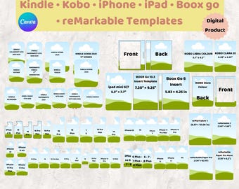 Puede incluir: Un paquete de productos digitales con plantillas para dispositivos Kindle, Kobo, iPhone, iPad, Boox Go y reMarkable. La imagen muestra numerosos iconos rectangulares etiquetados con un gráfico de cielo azul y paisaje verde, incluyendo nombres de modelos y dimensiones en pulgadas.