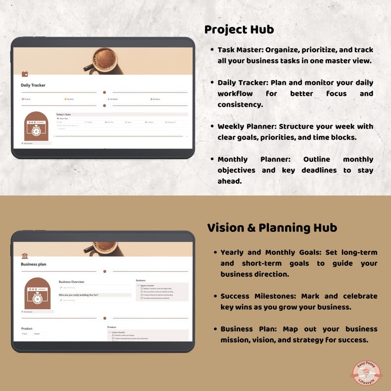 May include: Two tablets displaying business planning and project management interfaces. The top tablet shows a "Daily Tracker" interface, while the bottom tablet displays a "Business Plan" interface. Text includes "Project Hub" and "Vision & Planning Hub".
