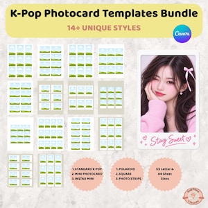 Peut inclure: Un ensemble de modèles de cartes photo K-Pop avec plus de 14 styles uniques pour Canva. Inclut des mises en page pour cartes standard, mini et Instax mini, ainsi que des polaroïds, carrés et bandes photo. Formats US Letter et A4 inclus.