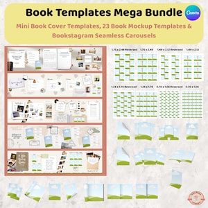 May include: A digital design bundle with the text "Book Templates Mega Bundle Canva". The image showcases various book cover templates, mockup templates, and Instagram carousel designs. The templates include different sizes and layouts.