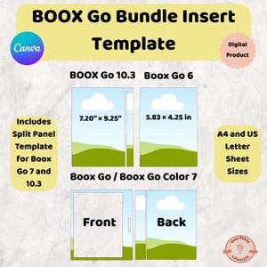Könnte beinhalten: Eine digitale Produktvorlage für BOOX Go Bundle-Einlagen mit Canva-Branding und Textangaben zu den Maßen 18,29 cm x 23,50 cm und 14,81 cm x 10,80 cm. Enthält geteilte Panel-Vorlagen für Boox Go 7 und 10.3 in A4- und US-Letter-Blattgrößen.