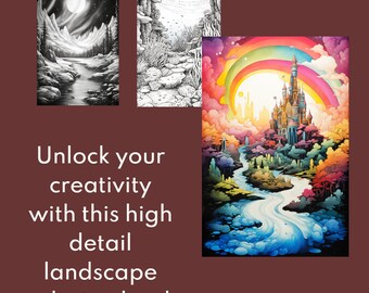 May include: A coloring book with three images of landscapes. The first image is a black and white drawing of a river flowing through a mountain range with a moon in the sky. The second image is a black and white drawing of a rocky landscape with a river flowing through it. The third image is a colorful drawing of a castle with a rainbow in the sky and a river flowing through a forest.
