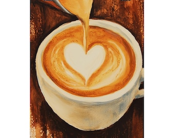 Latte Art Gouache Malerei | Kaffee-Herz-Wand-Dekor | Moderne Küche Poster | Kaffeeliebhaber Geschenk | Cafe Art Stillleben