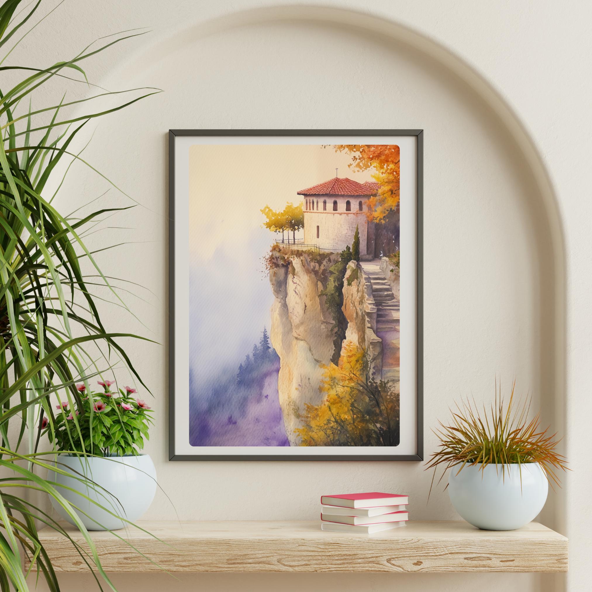 油彩画 メティオラ修道院　山と修道院の風景 インテリア　アンティーク メテオラ修道院の水彩画：崖の上のギリシャの秋の風景 - Etsy 日本