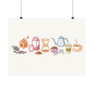 Op de afbeelding: Een poster met een kleurrijke illustratie van koffiezetapparatuur. De afbeelding bevat een koffiemolen, koffiebonen, een melkpak, een glas, een pour-over-apparaat, een waterkoker, een koffiebeker en een kopje koffie.