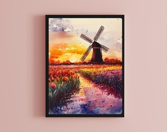オランダの風車の水彩画：チューリップ畑の夕焼け風景 - Etsy 日本