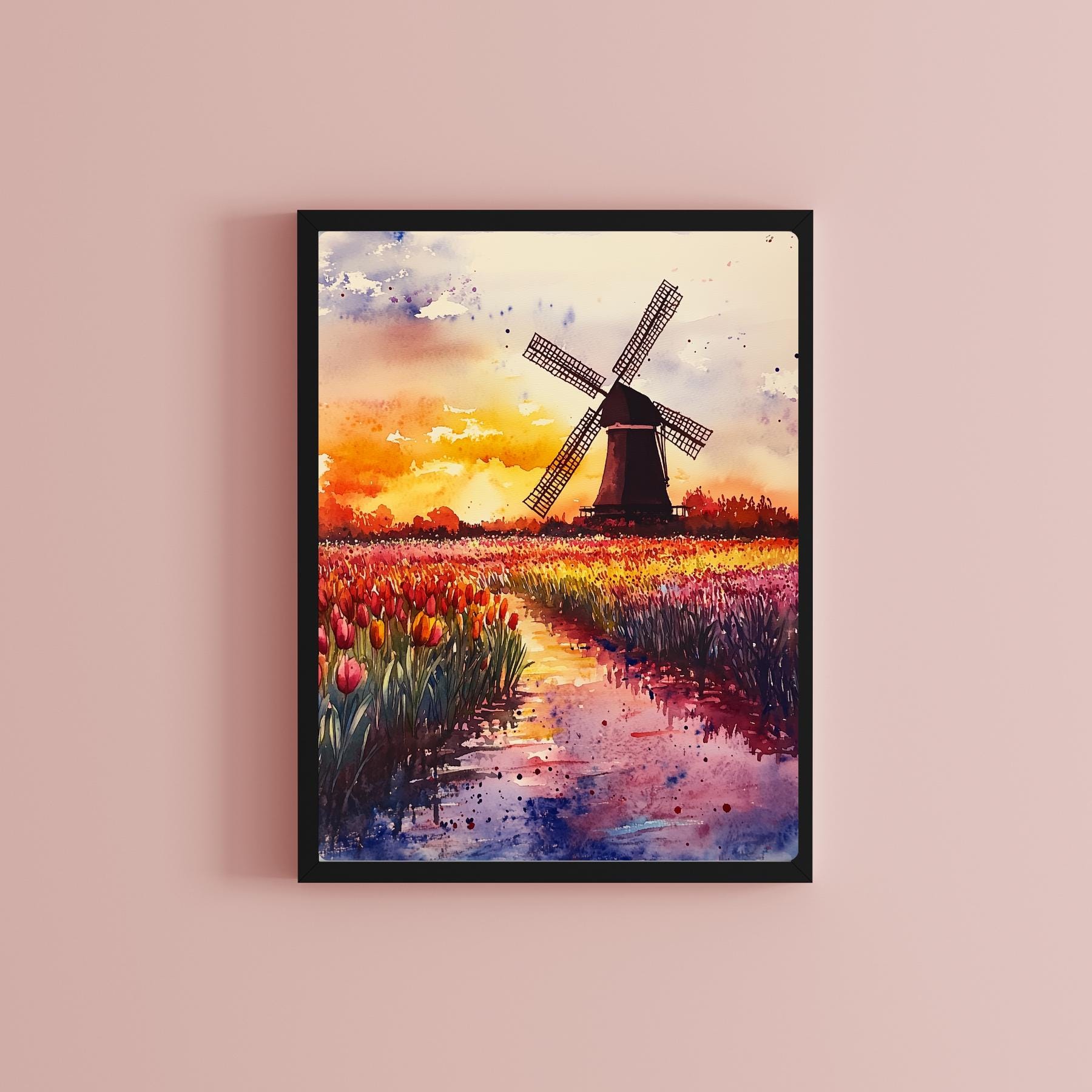 風車の水彩画27cm24cm オランダの風車の水彩画：チューリップ畑の夕焼け風景 - Etsy 日本