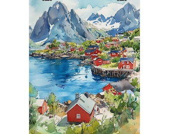 May include: Watercolor painting of a red-roofed village nestled between snow-capped mountains and a blue body of water. The village is built on stilts over the water, and the houses are surrounded by lush green trees.
