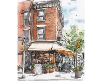 Stampa artistica ad acquerello di Urban Cafe: schizzo di una caffetteria all'angolo della città
