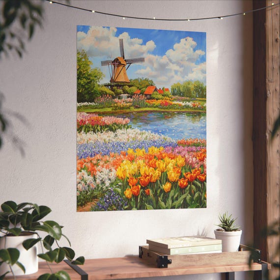 Keukenhof Gardens Art Print: Dutch Windmill & Tulip Field Gouache