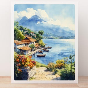 Lake Atitlan Watercolor Art | Guatemala Poster | Rainforest Landscape Wall Print | Mayan Village Decor | Lake Atitlán Painting | Digital Art