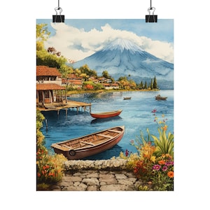 Lake Atitlan Watercolor Art Print, Guatemala Poster, Volcano Landscape Wall Art, Mayan Village Decor, Lake Atitlán Painting