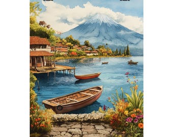 Lake Atitlan Watercolor Art Print: Guatemala Volcano Landscape