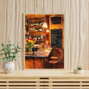 May include: A painting of a cozy bar with a wooden counter, shelves stocked with wine bottles, and a chalkboard menu listing "French cuisine". The bar is lit by warm, yellow lights, creating a welcoming atmosphere.