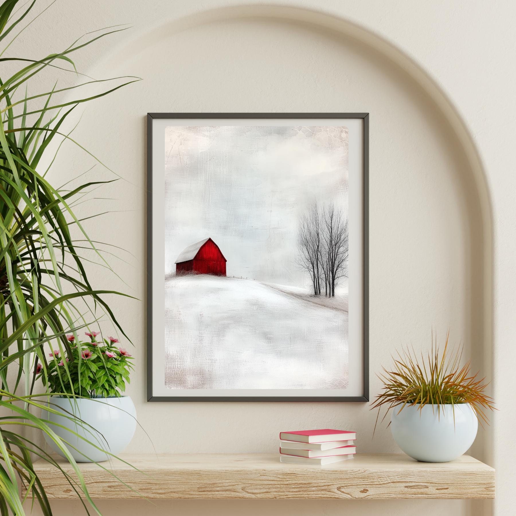 Red Barn Winter Landscape Art Print: Rustic Farmhouse Decor - Etsy