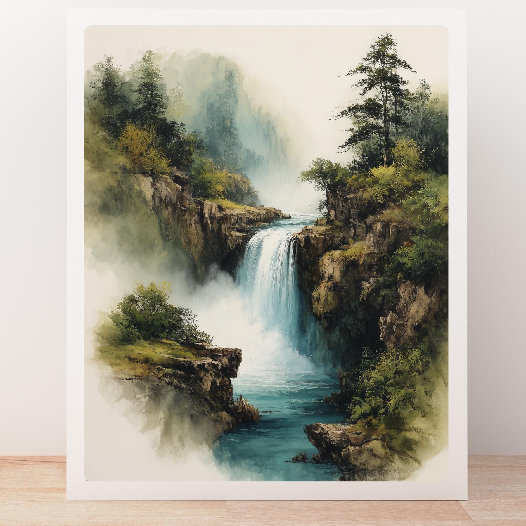 山の滝の版画：中国の水墨山水画 - Etsy 日本