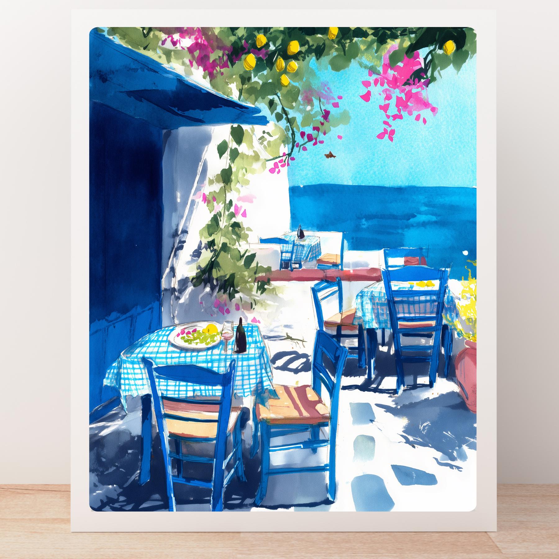 ギリシャのタベルナの水彩画：エーゲ海沿いのカフェの壁アート - Etsy 日本