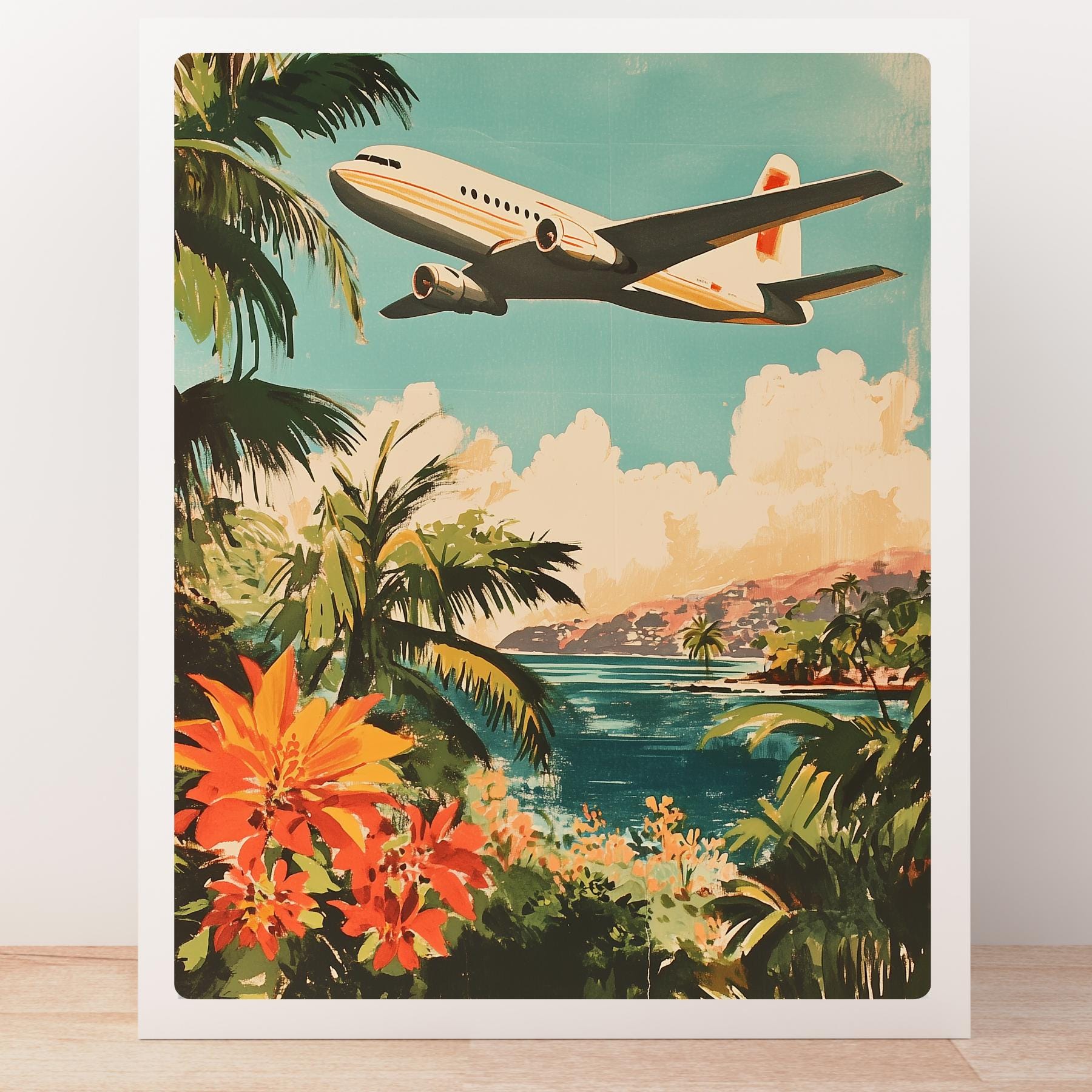 Vintage Airplane Travel Poster: Gouache Tropical Island Art Print
