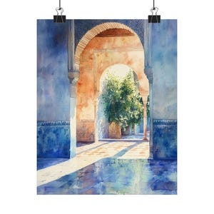 Alhambra Palace Art | Spanish Moorish Architecture | Granada Watercolor Print | Islamic Courtyard | Mediterranean Decor | Spain Art