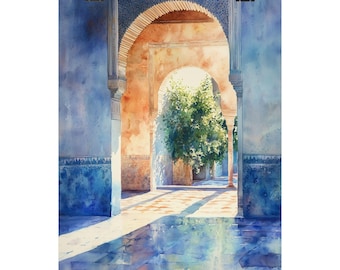 Alhambra Palace Watercolor Print: Spanish Moorish Architecture