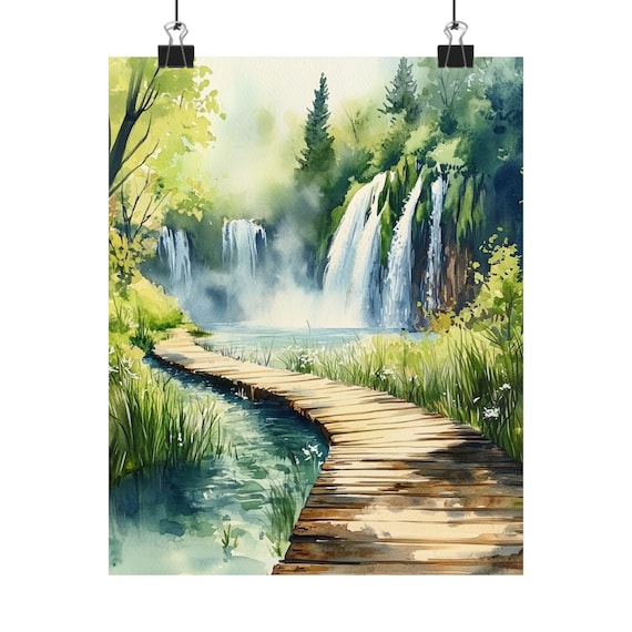 水彩画滝 滝の風景画 原画 煌きの滝 水彩画 滝 森 自然 絵画インテリア