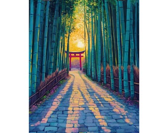 May include: A vibrant print of a bamboo forest with a stone path leading to a red torii gate. The artwork features tall, teal bamboo stalks, a golden sun, and long shadows cast across the path. The print is held by two black binder clips.