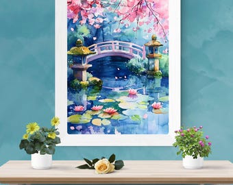 日本庭園の水彩画：桜、禅橋、鯉の池 - Etsy 日本