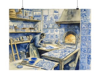 Azulejo Tile Art Print: Porto Workshop Watercolor, Blue Portuguese Decor