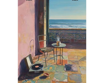 May include: A print of a sunny outdoor scene with a view of the ocean. A small table with a mug of coffee sits next to a chair. A record player and vinyl record are on the tiled floor. The walls are pink and the sky is blue.