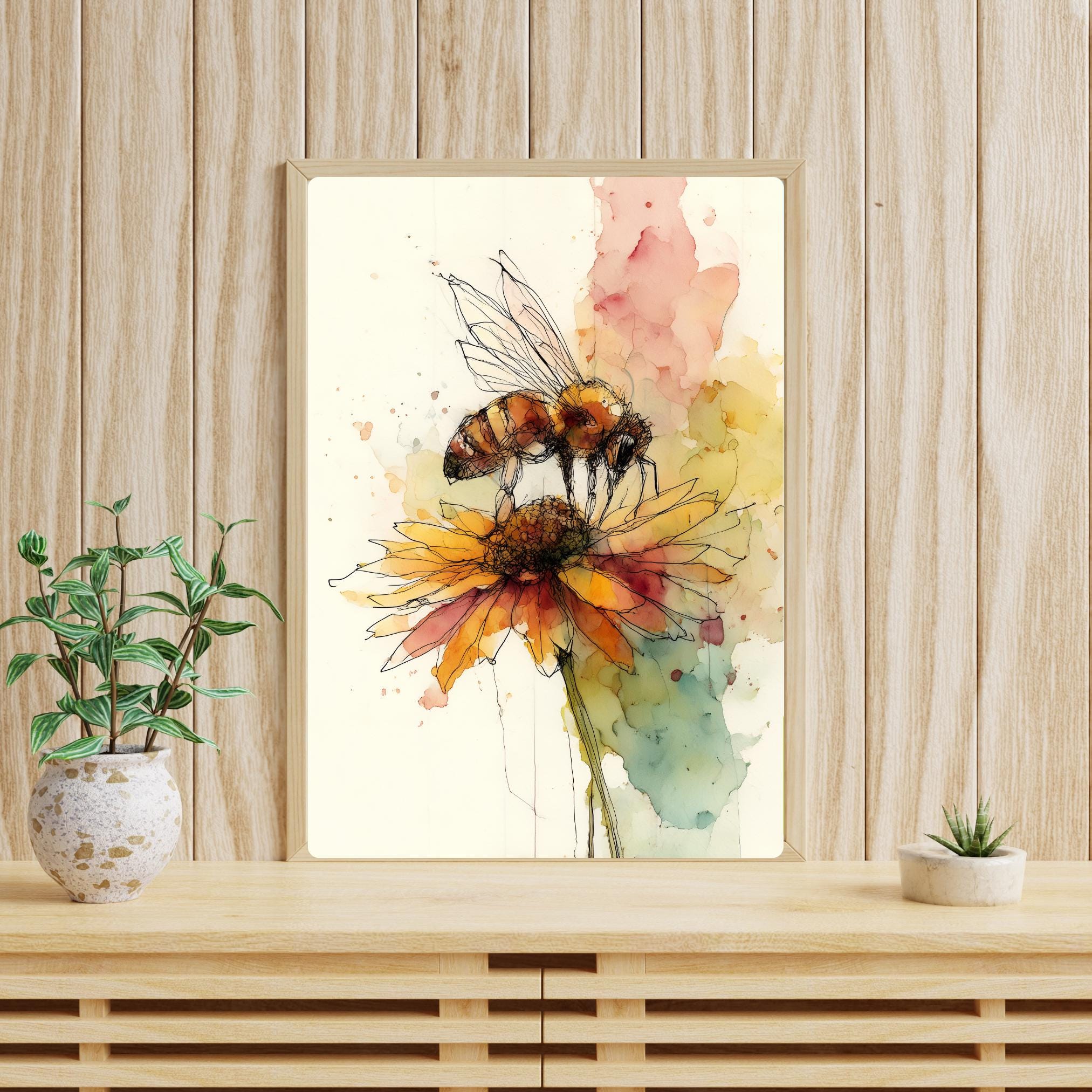 花にとまる蜂のアートプリント：植物の水彩画、自然の線画 - Etsy 日本