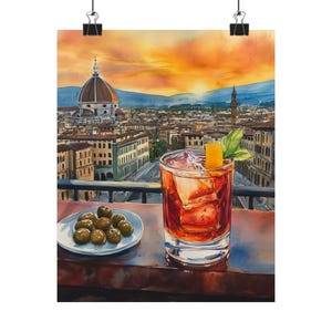 Florence Negroni Art Print | Włoskie malowanie koktajli | Malowanie panoramy miasta | Sztuka dla miłośników podróży | Włoski letni zachód słońca | Pamiątka z Włoch
