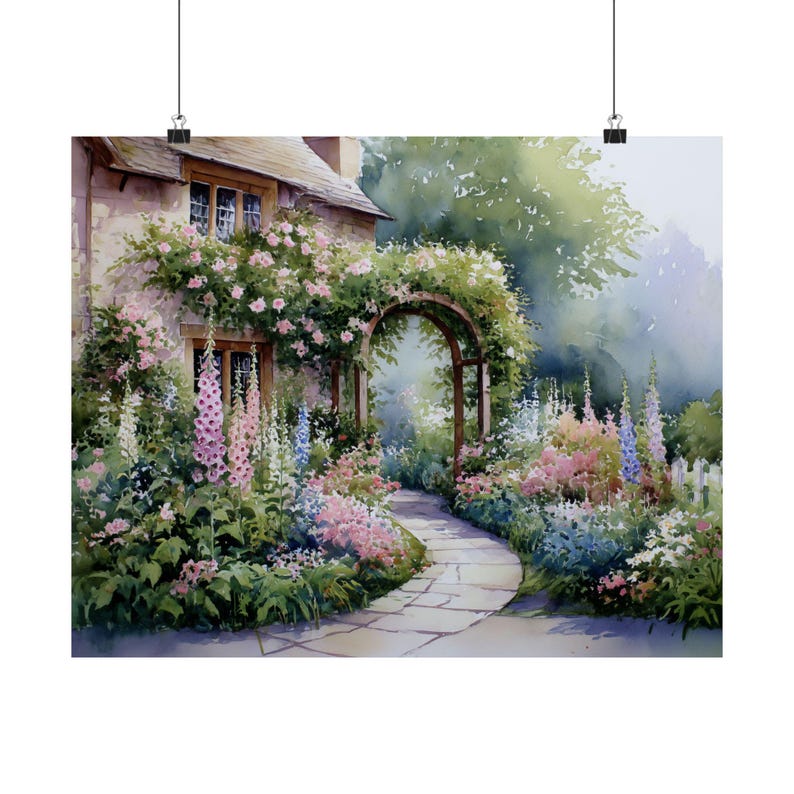 English Countryside Garden Art Print: Watercolor Cottage Path, Floral ...