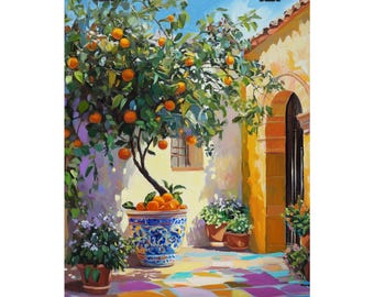 Andalusian Orange Tree Art | Mediterranean Scene Painting | Spanish Courtyard Print | Potted Plant Wall Decor | Colorful Tile Art