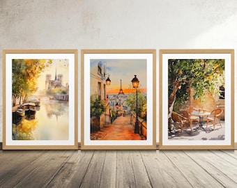 Paris Watercolor Print Set: Eiffel Tower, Notre Dame, Montmartre (Digital Download)
