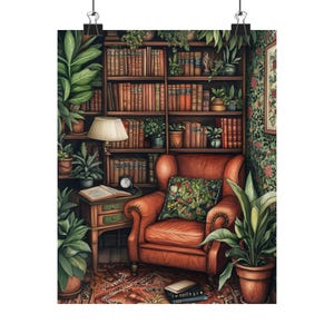 Botanical Library Art Print: Cozy Reading Nook, Gouache Style