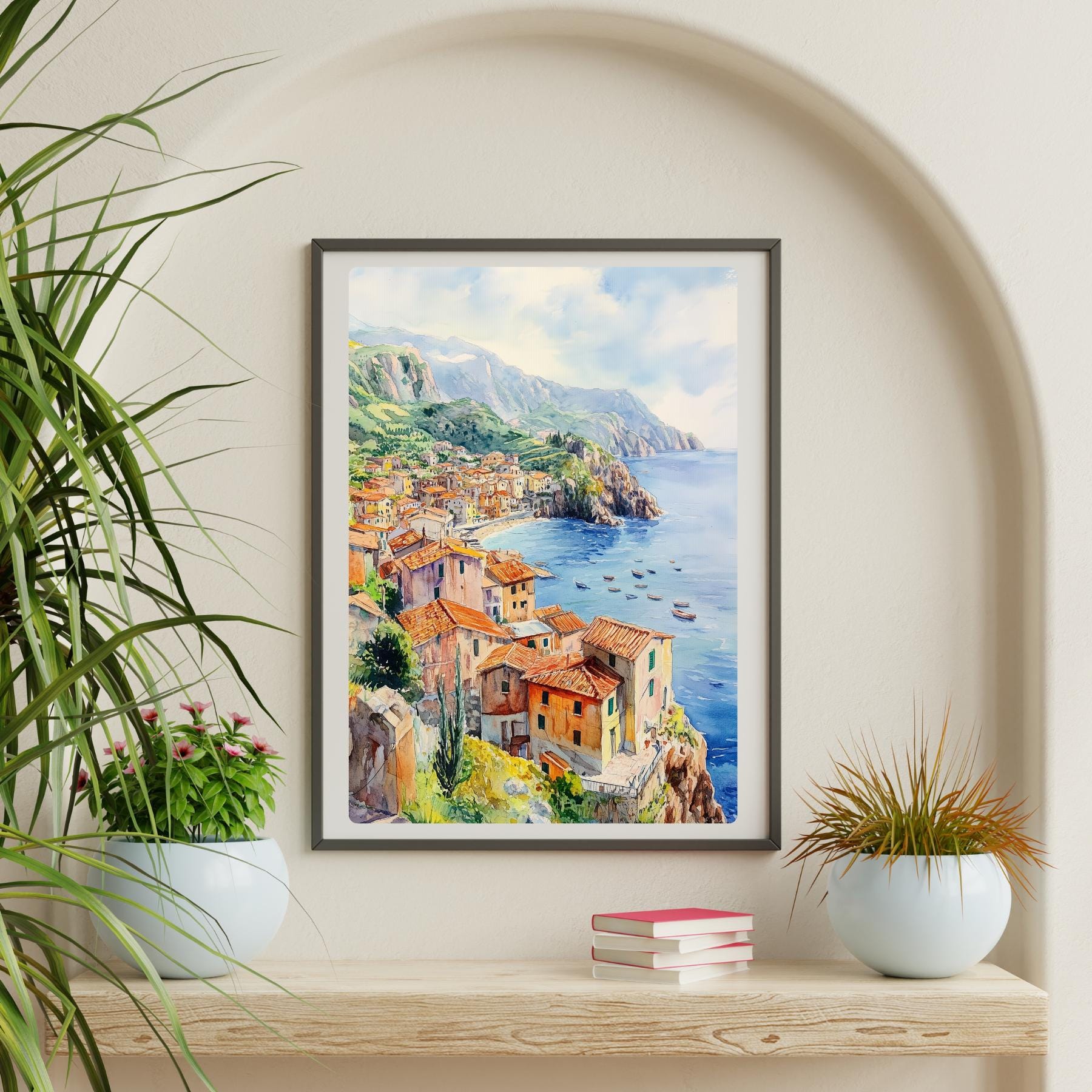 イタリア沿岸の村の水彩画アートプリント：地中海の海景 - Etsy 日本