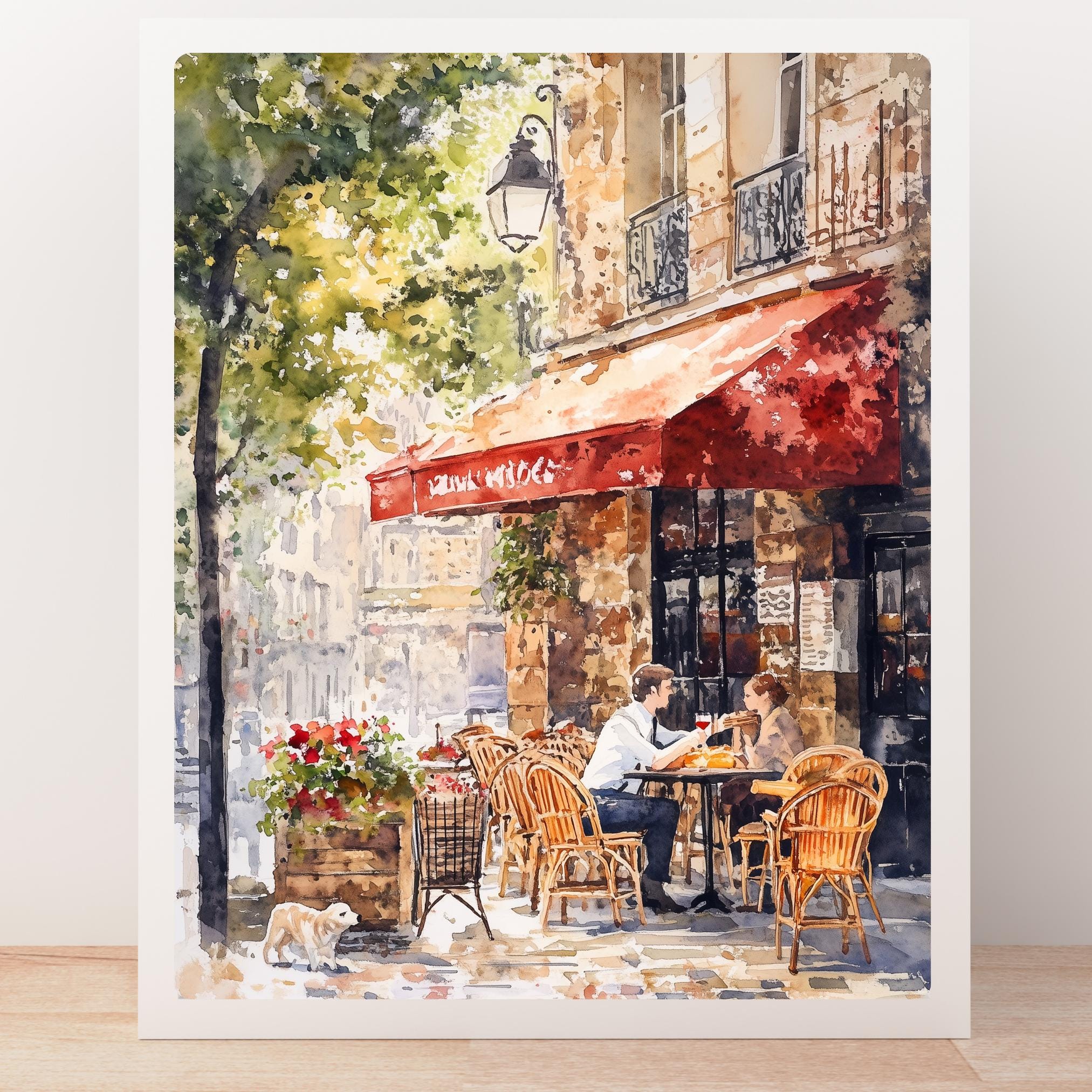 パリのカフェアートプリント：水彩画のビストロ画、赤いオーニングの